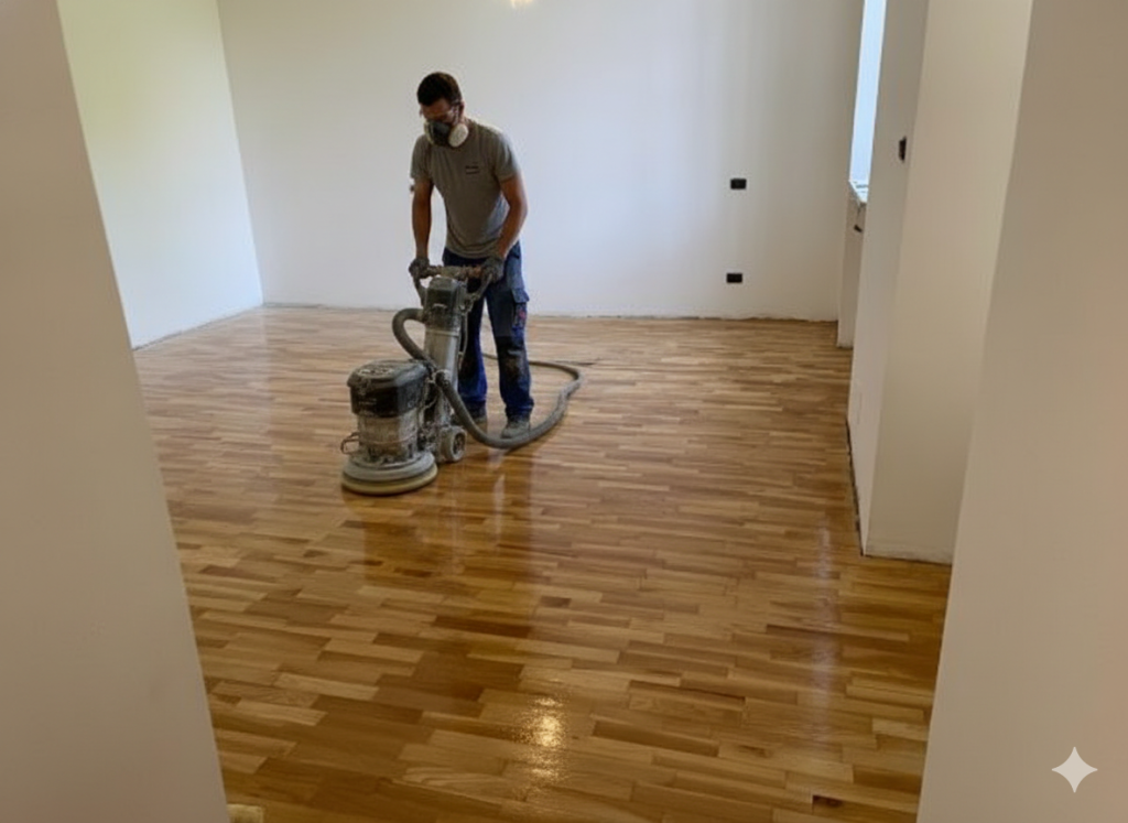 Levigatura parquet in corso a Vercelli con macchina professionale Palumbo Pavimenti